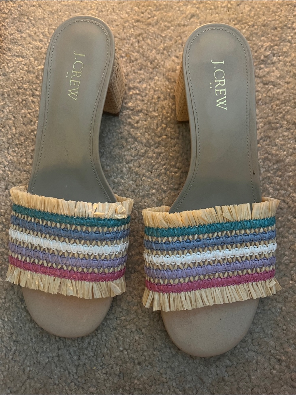 J. Crew Neutral Raffia Block Heel Slides with Multicolor Stripes size 9